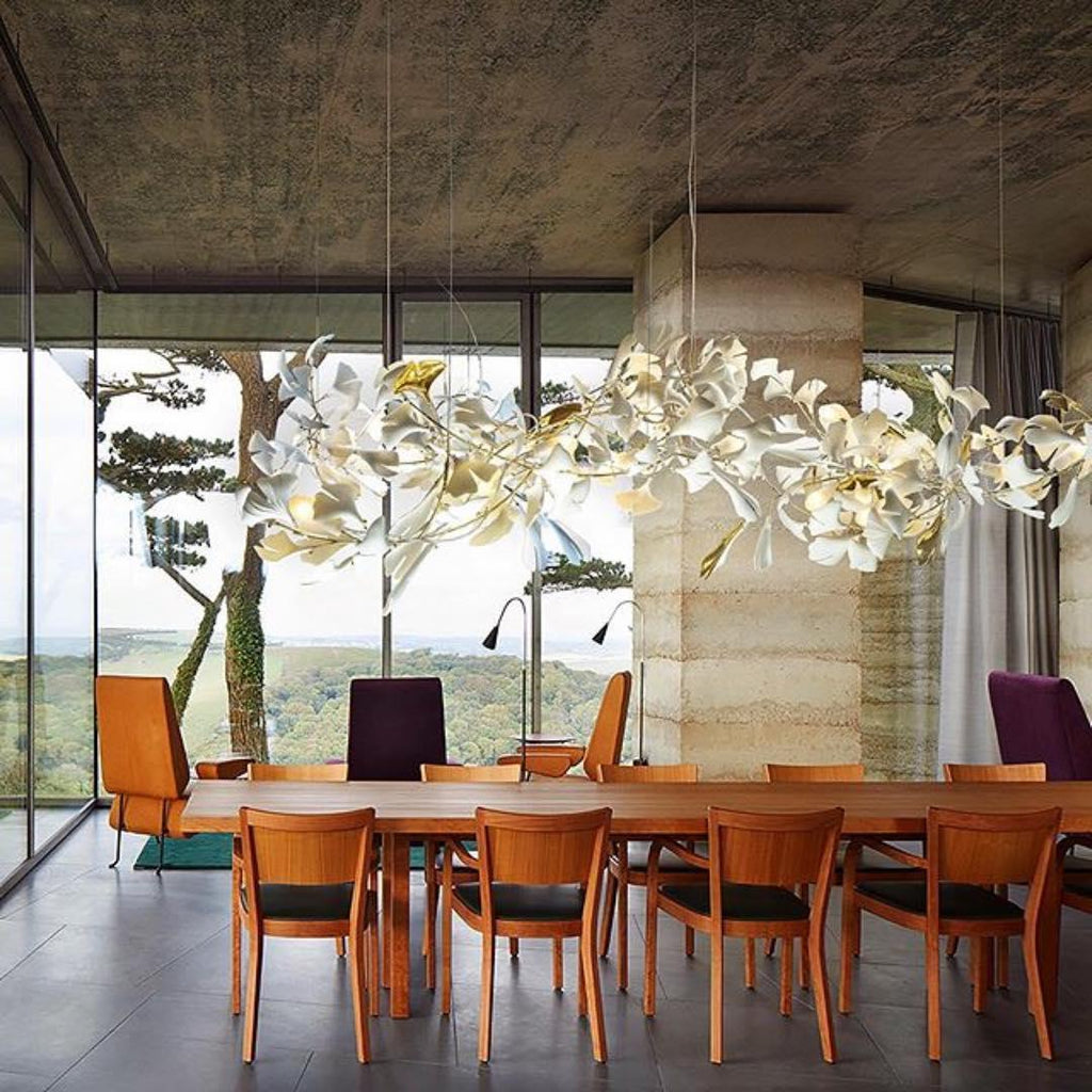 Chandelier Metal Frame Ceramic Gingko Leaf Shade White Gold Modern