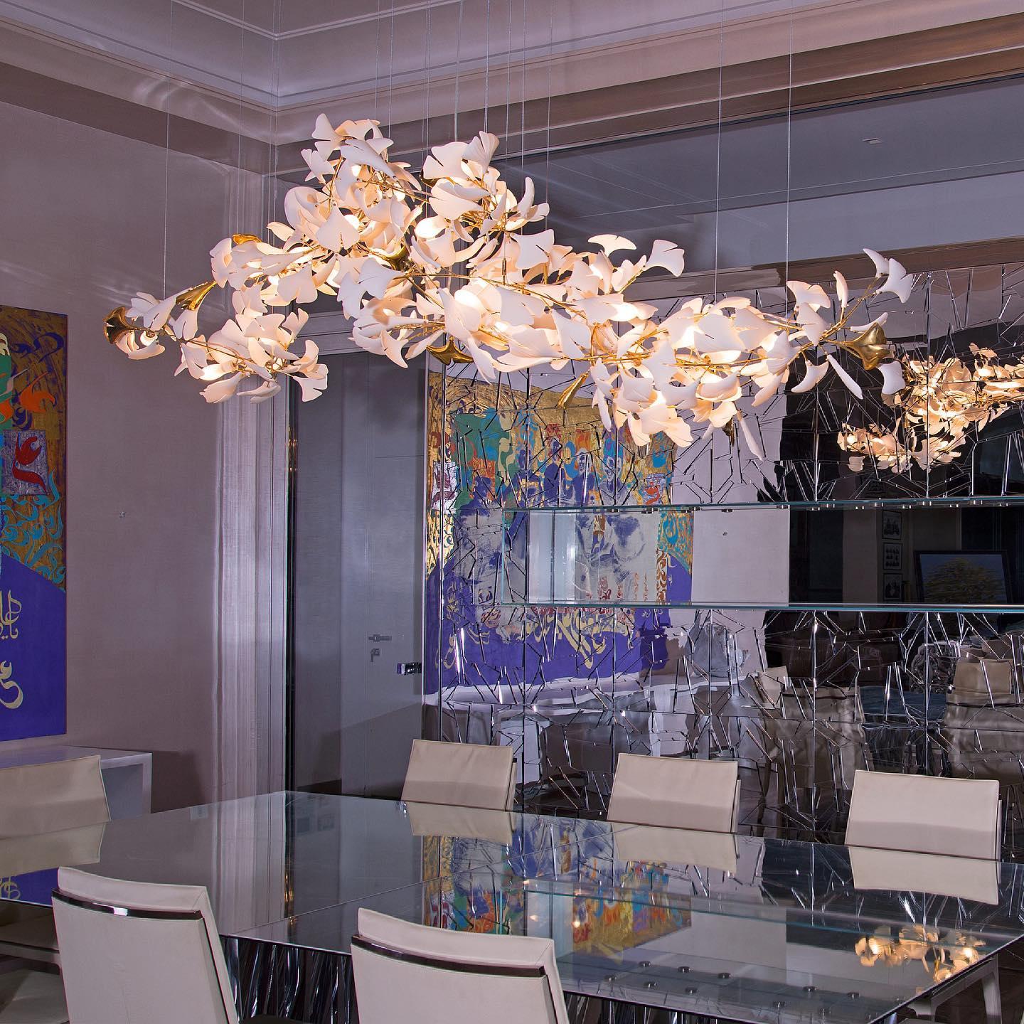 Chandelier Metal Frame Ceramic Gingko Leaf Shade White Gold Modern