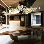 Chandelier Metal Frame Ceramic Gingko Leaf Shade White Gold Modern