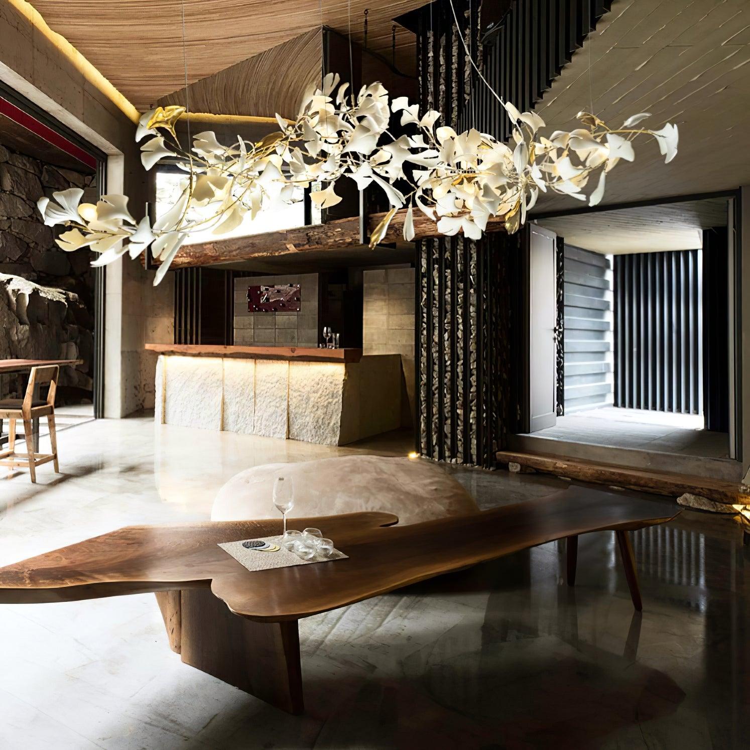 Chandelier Metal Frame Ceramic Gingko Leaf Shade White Gold Modern