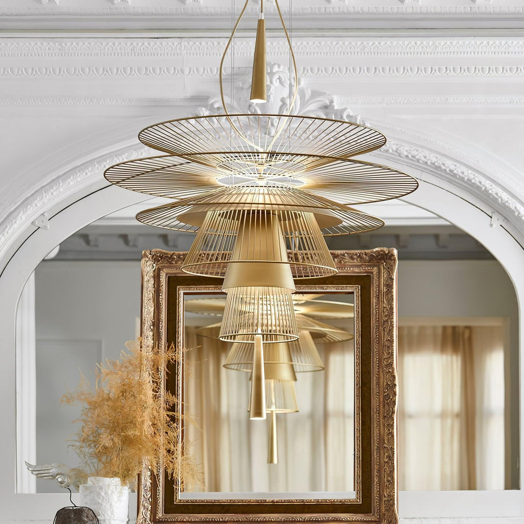Chandelier Sculptural Layered Wire Frame Statement Bold Modern Centerpiece