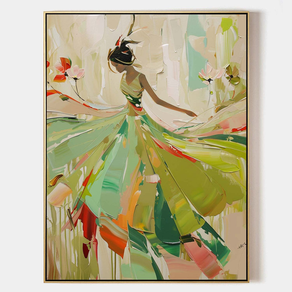 Vibrant Impasto Ballerina in Green Dress Painting
