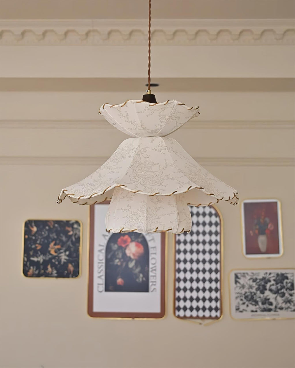 Pendant Lamp Scalloped Layered Fabric Shade Wood Minimalist