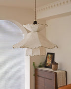 Pendant Lamp Scalloped Layered Fabric Shade Wood Minimalist
