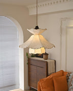 Pendant Lamp Scalloped Layered Fabric Shade Wood Minimalist