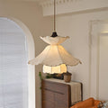 Pendant Lamp Scalloped Layered Fabric Shade Wood Minimalist
