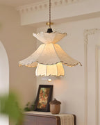 Pendant Lamp Scalloped Layered Fabric Shade Wood Minimalist