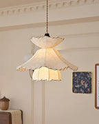 Pendant Lamp Scalloped Layered Fabric Shade Wood Minimalist