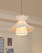 Pendant Lamp Scalloped Layered Fabric Shade Wood Minimalist