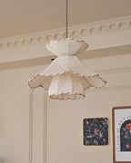 Pendant Lamp Scalloped Layered Fabric Shade Wood Minimalist