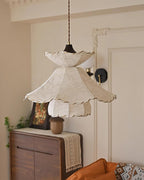Pendant Lamp Scalloped Layered Fabric Shade Wood Minimalist