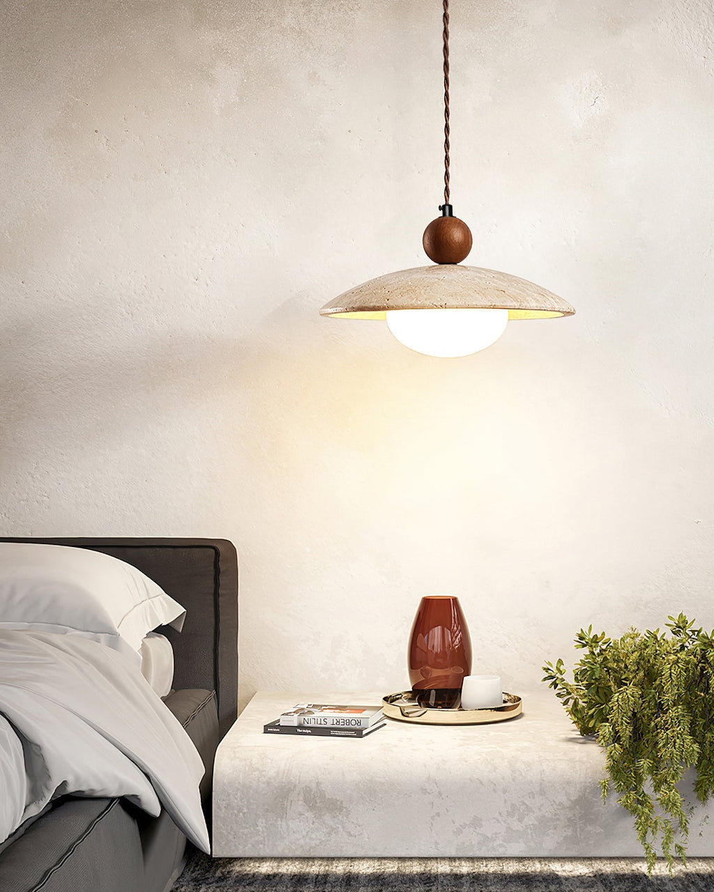 Travaro Travertine Pendant Light with Wooden Accent