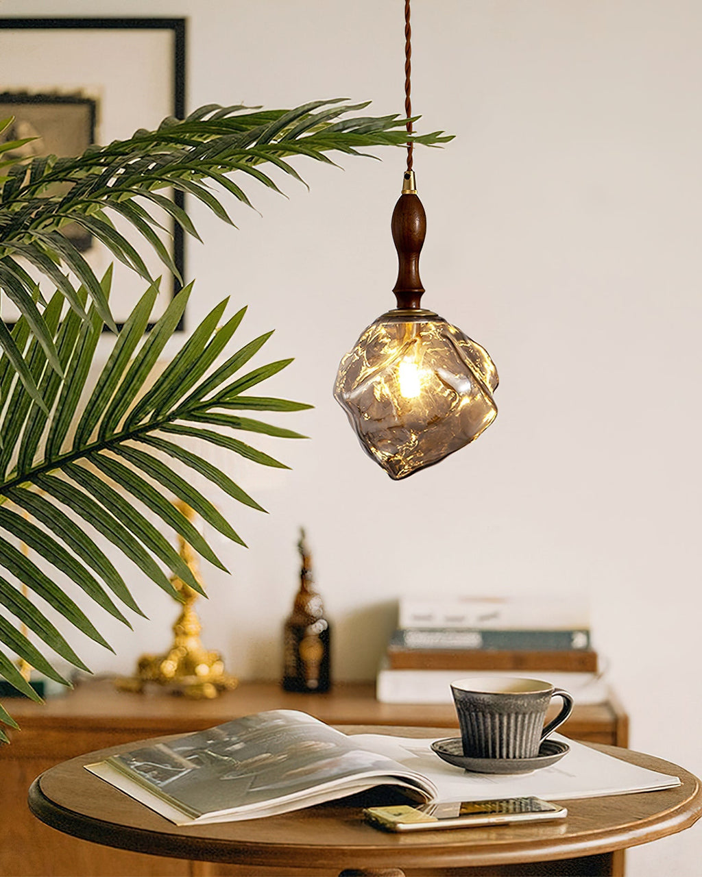 Pendant Light Walnut Wood Glass Cube
