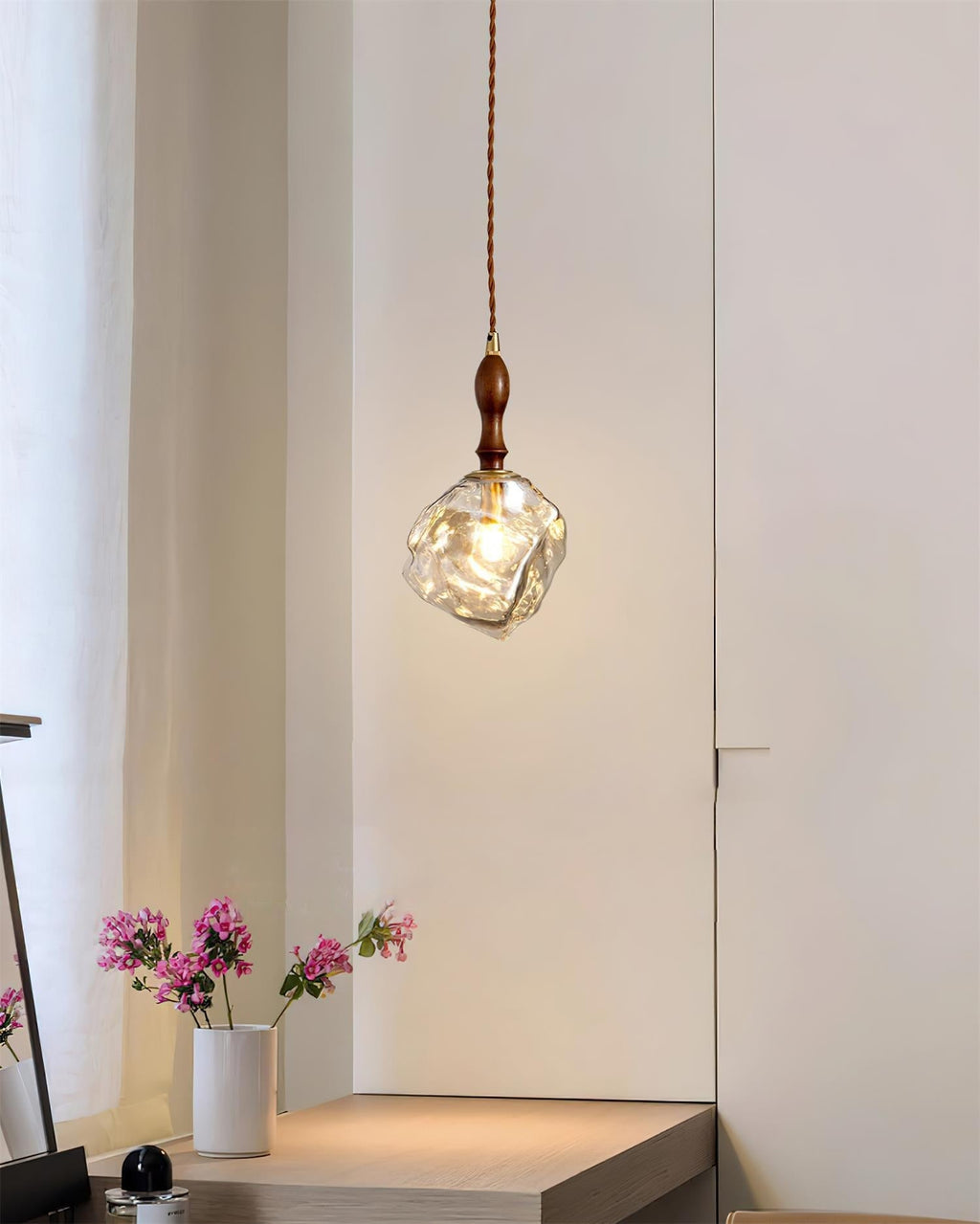 Pendant Light Walnut Wood Glass Cube