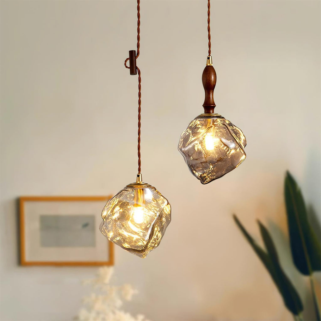 Pendant Light Walnut Wood Glass Cube