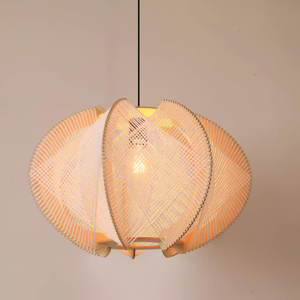 Pendant Light with Fabric Shade, Wooden Frame, and Wire Detail