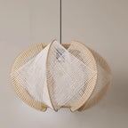 Pendant Light with Fabric Shade, Wooden Frame, and Wire Detail