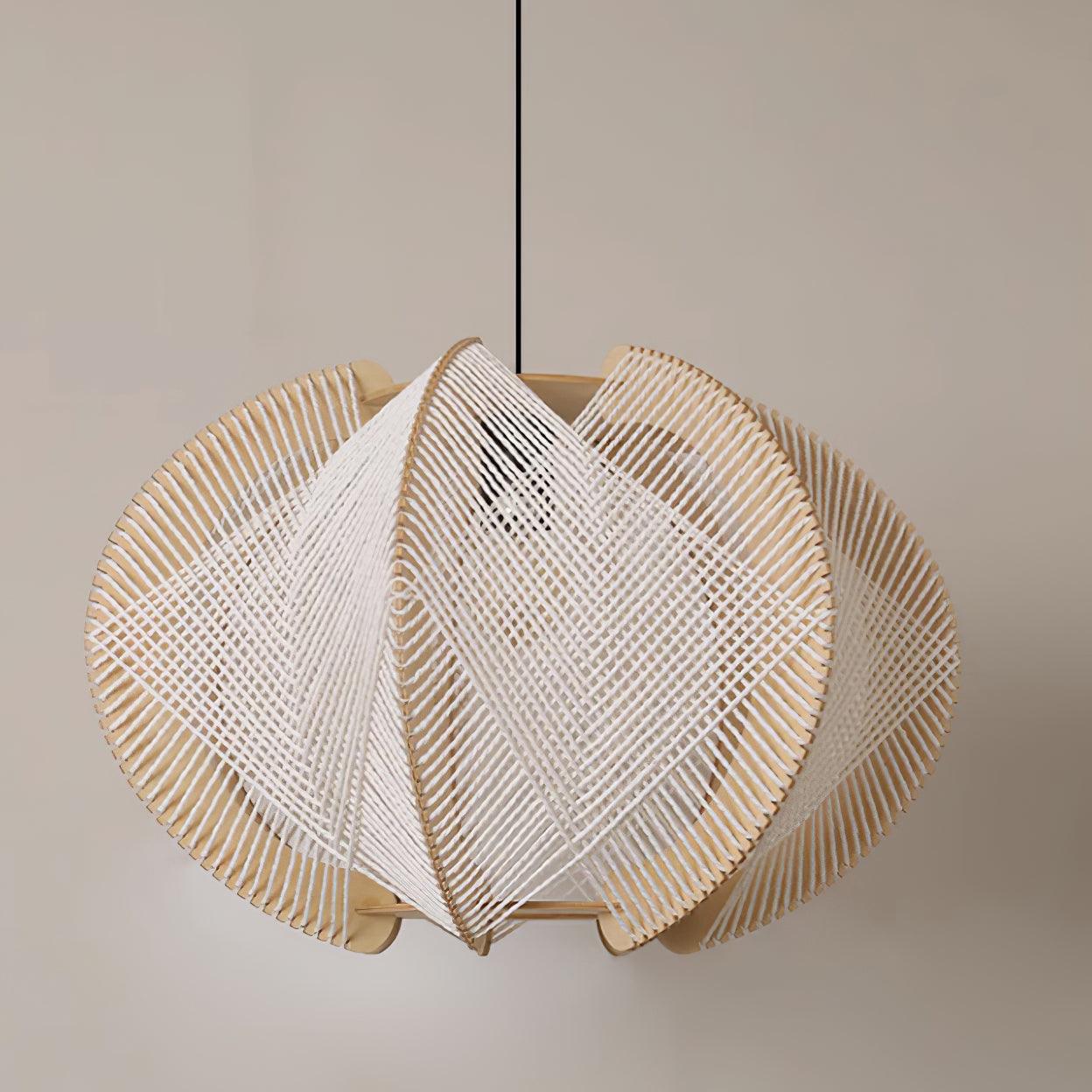 Pendant Light with Fabric Shade, Wooden Frame, and Wire Detail