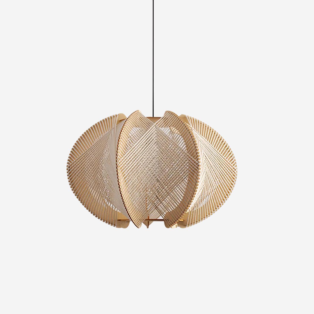 Pendant Light with Fabric Shade, Wooden Frame, and Wire Detail