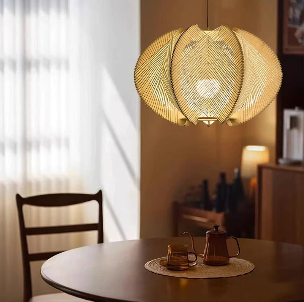 Pendant Light with Fabric Shade, Wooden Frame, and Wire Detail