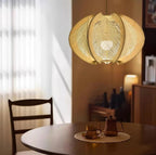 Pendant Light with Fabric Shade, Wooden Frame, and Wire Detail