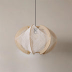 Pendant Light with Fabric Shade, Wooden Frame, and Wire Detail
