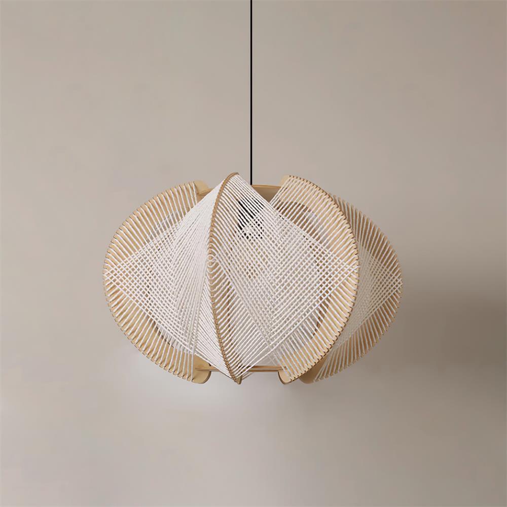 Pendant Light with Fabric Shade, Wooden Frame, and Wire Detail