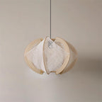 Pendant Light with Fabric Shade, Wooden Frame, and Wire Detail