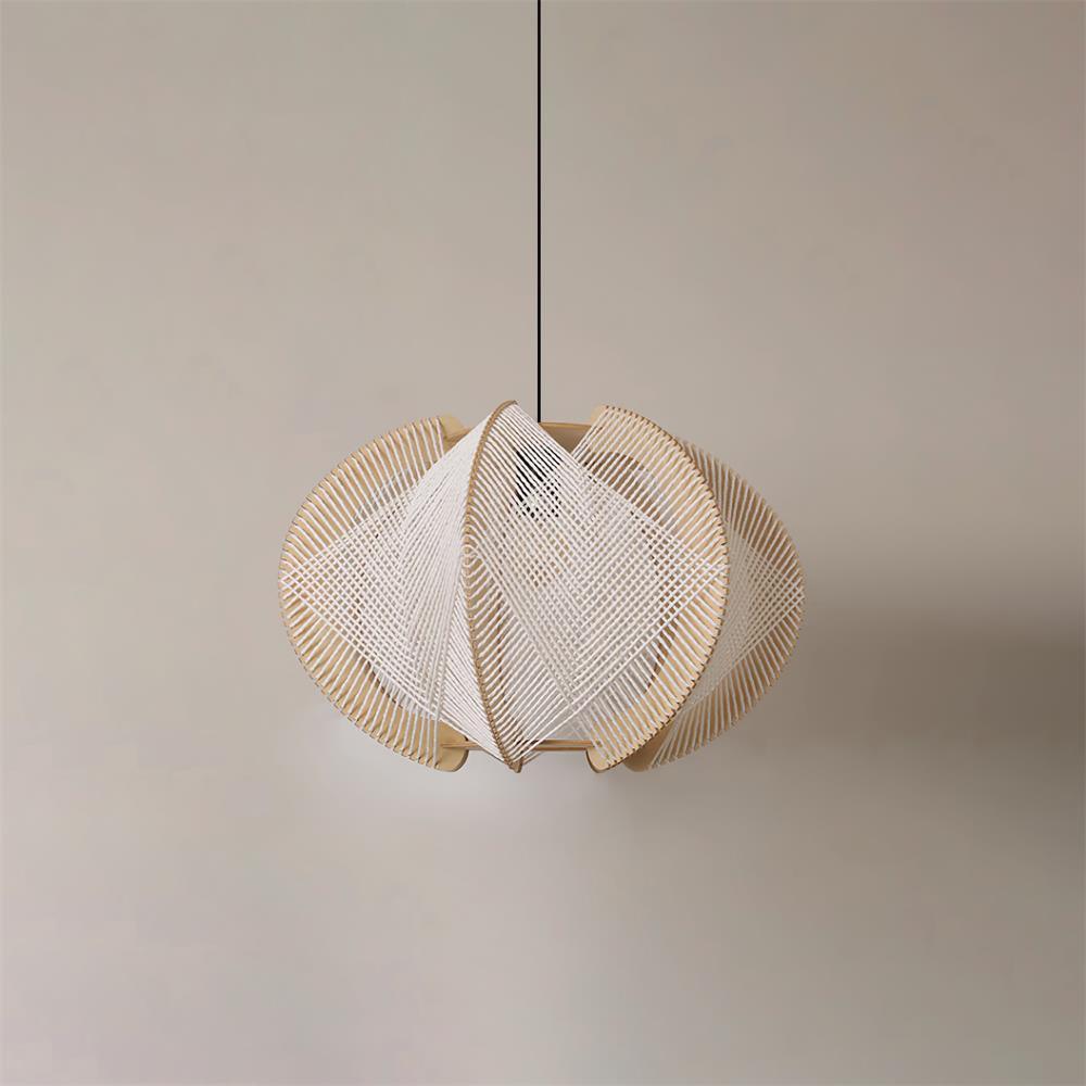Pendant Light with Fabric Shade, Wooden Frame, and Wire Detail