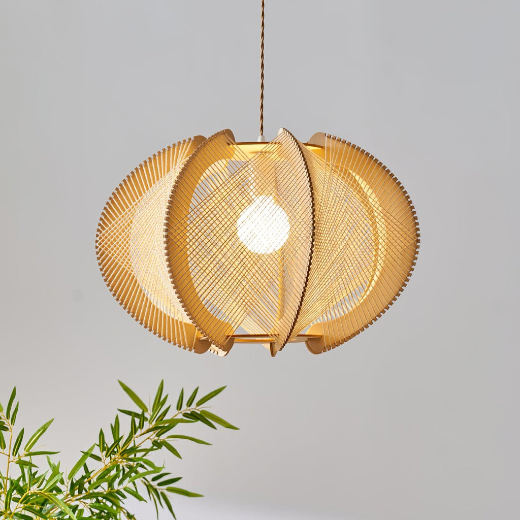 Pendant Light with Fabric Shade, Wooden Frame, and Wire Detail