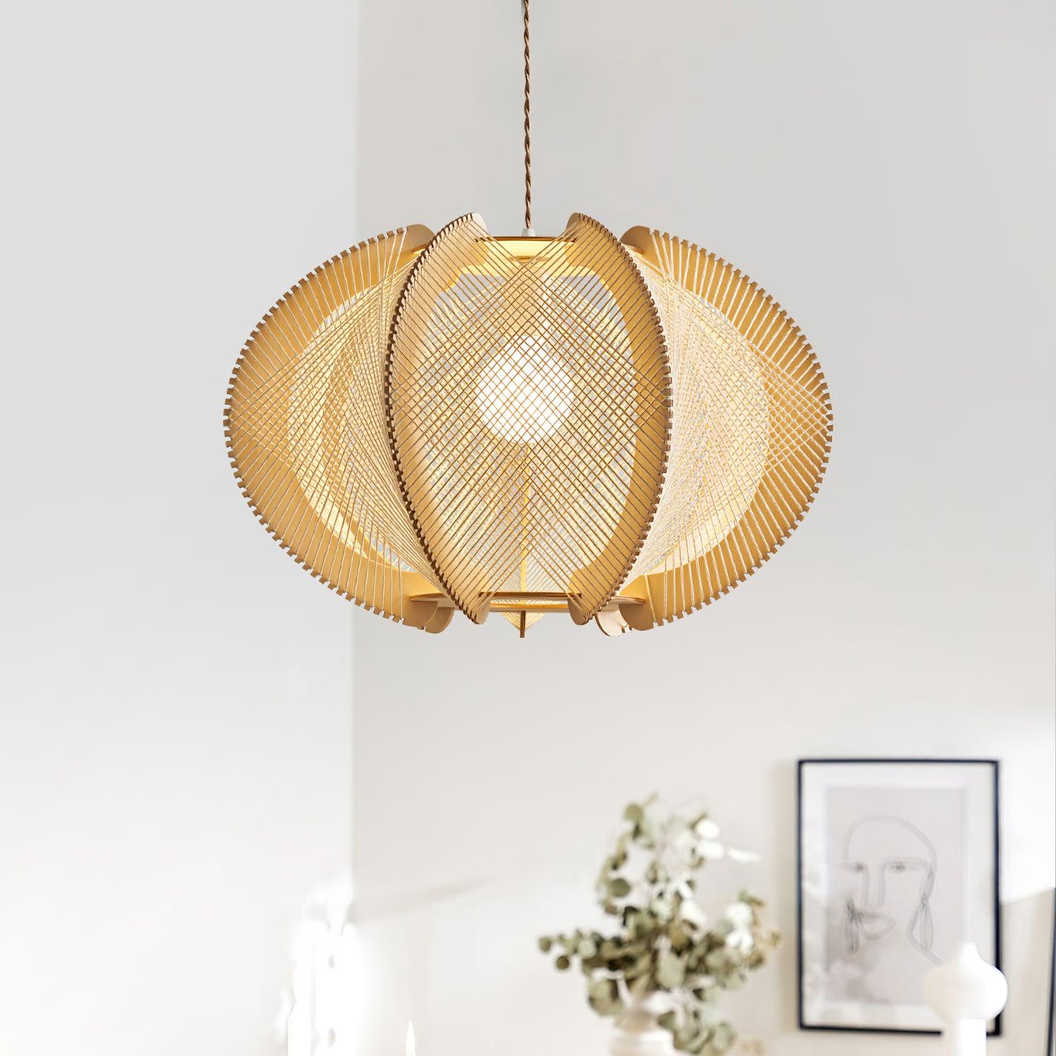 Pendant Light with Fabric Shade, Wooden Frame, and Wire Detail