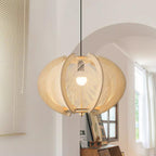 Pendant Light with Fabric Shade, Wooden Frame, and Wire Detail