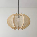 Pendant Light with Fabric Shade, Wooden Frame, and Wire Detail