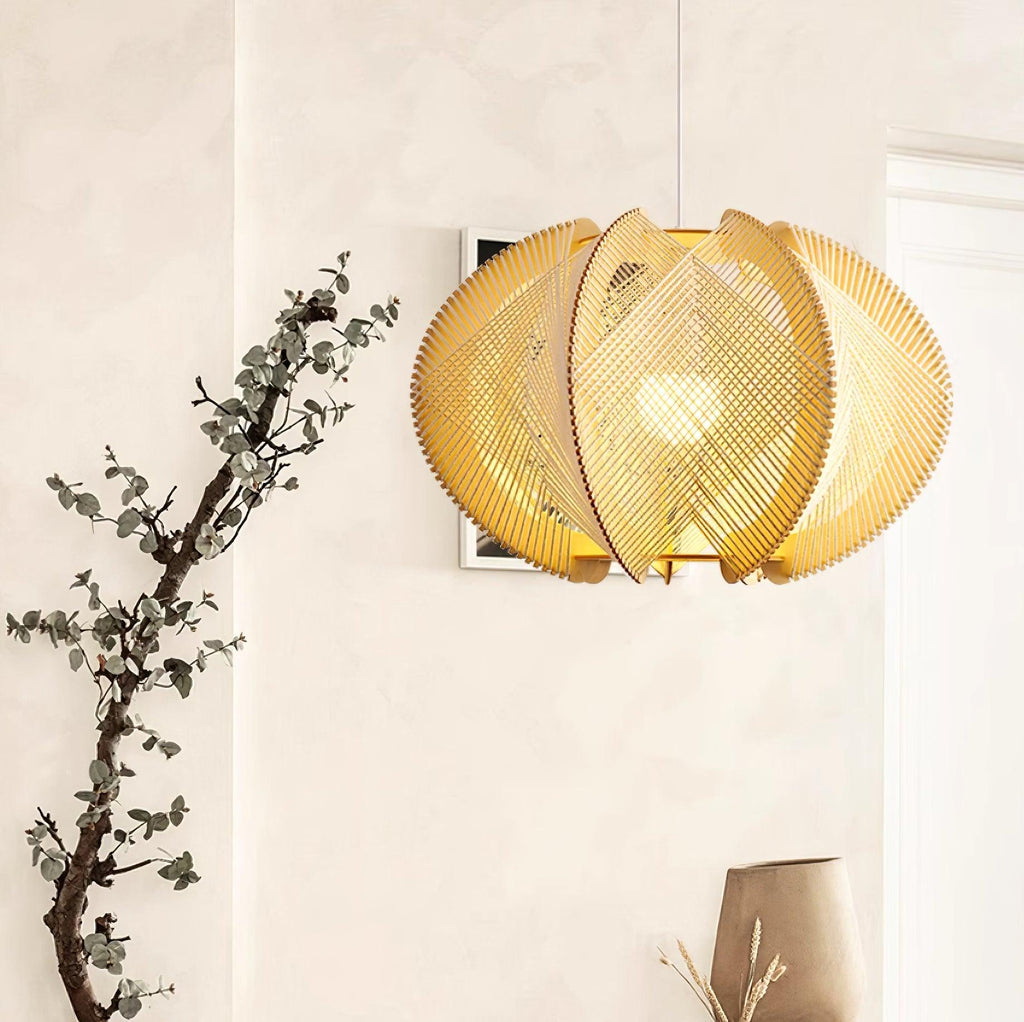 Pendant Light with Fabric Shade, Wooden Frame, and Wire Detail