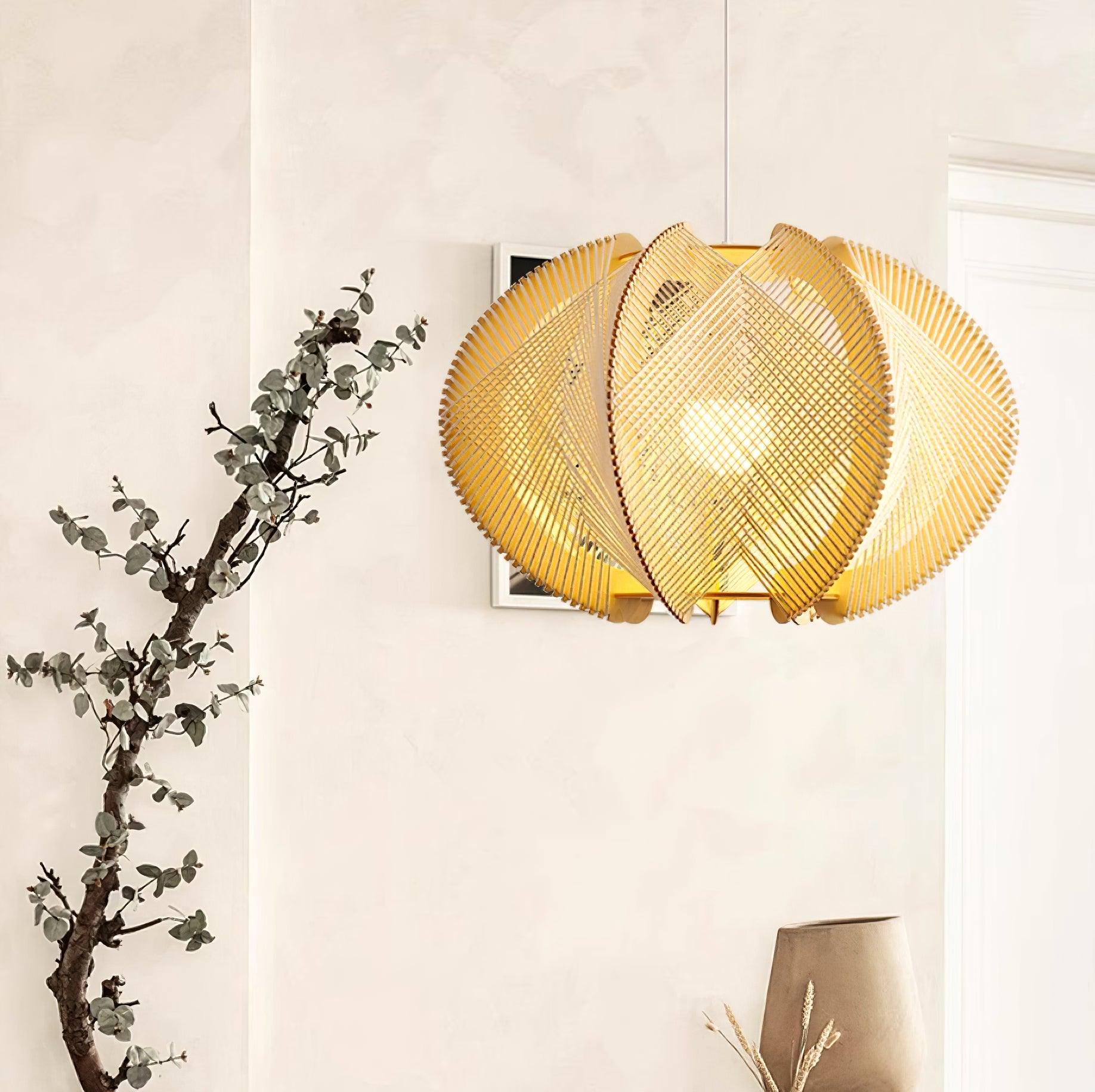 Pendant Light with Fabric Shade, Wooden Frame, and Wire Detail