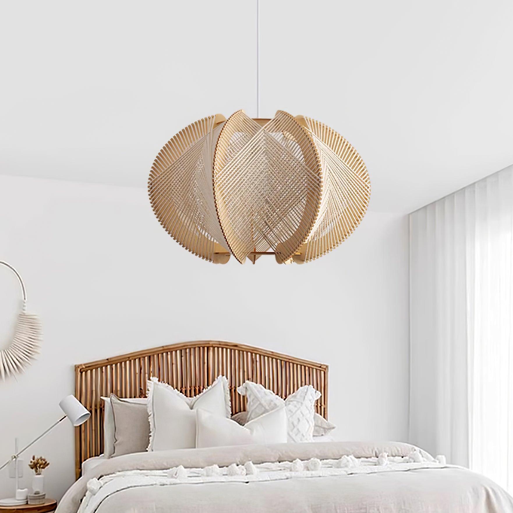Pendant Light with Fabric Shade, Wooden Frame, and Wire Detail