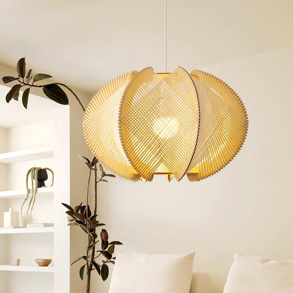Pendant Light with Fabric Shade, Wooden Frame, and Wire Detail