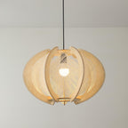 Pendant Light with Fabric Shade, Wooden Frame, and Wire Detail