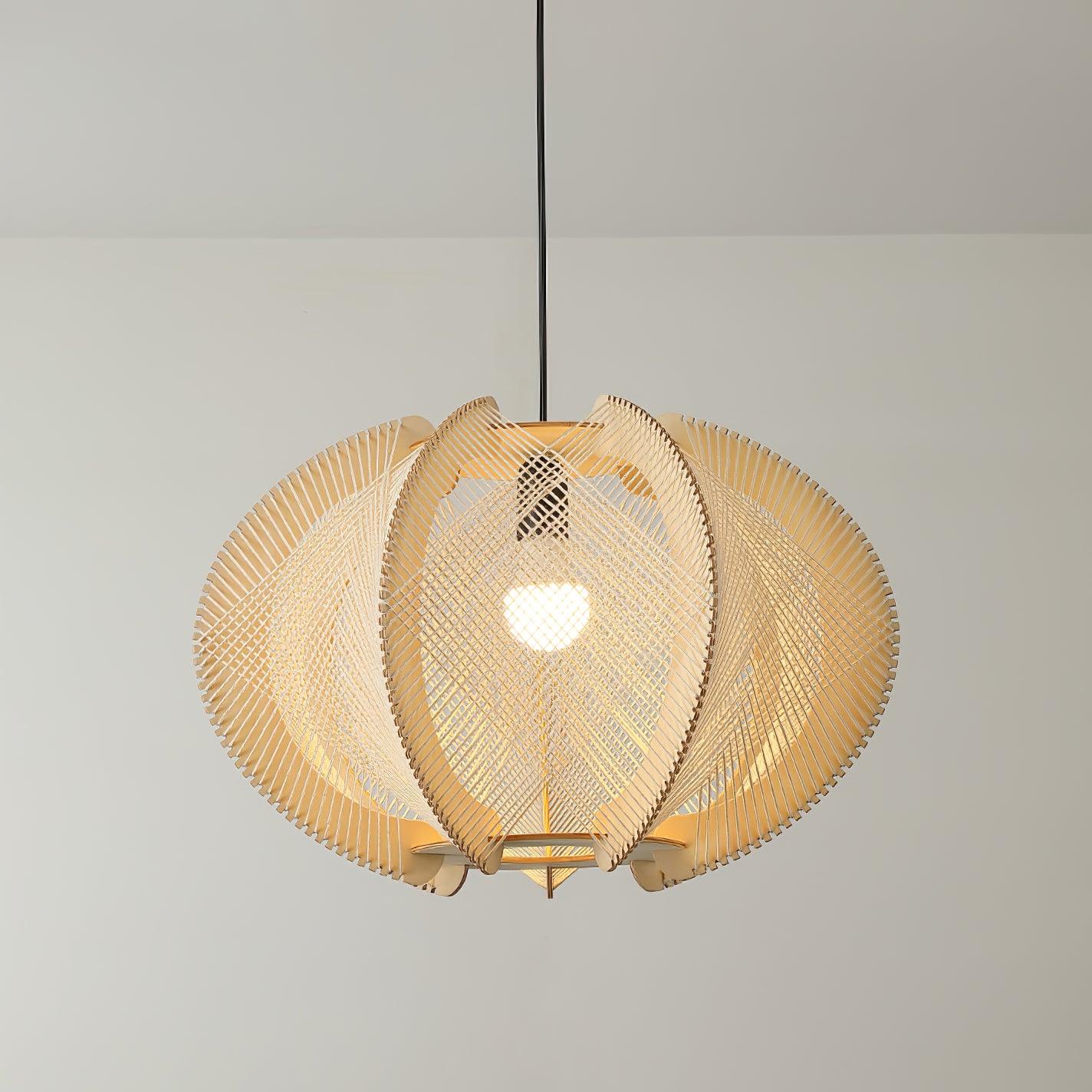 Pendant Light with Fabric Shade, Wooden Frame, and Wire Detail