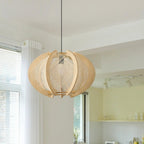 Pendant Light with Fabric Shade, Wooden Frame, and Wire Detail