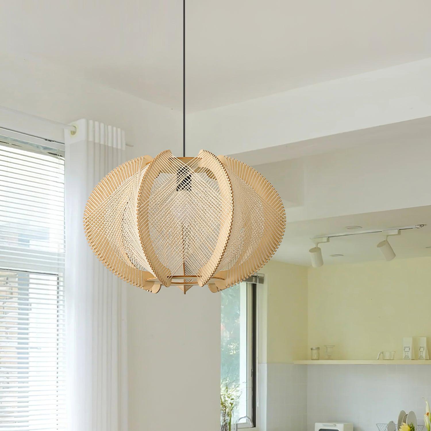 Pendant Light with Fabric Shade, Wooden Frame, and Wire Detail
