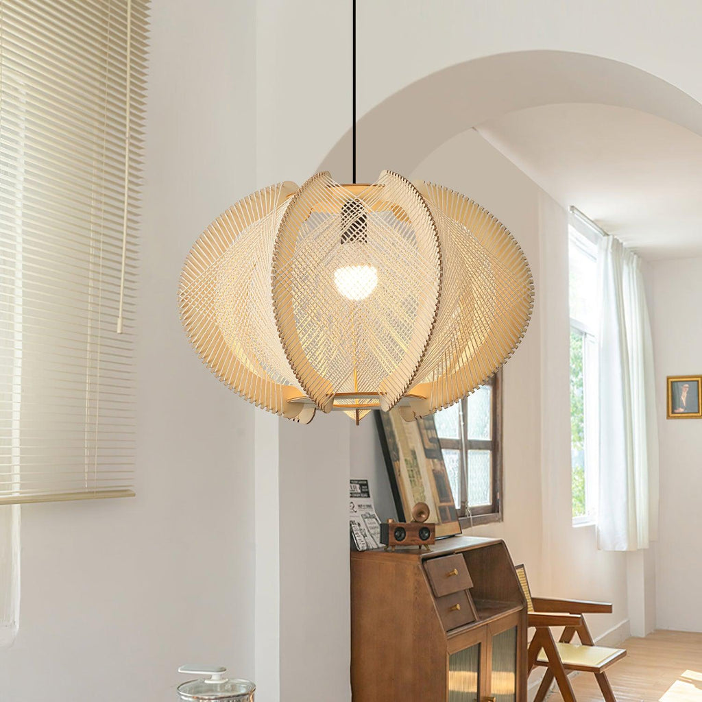 Pendant Light with Fabric Shade, Wooden Frame, and Wire Detail