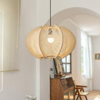 Pendant Light with Fabric Shade, Wooden Frame, and Wire Detail