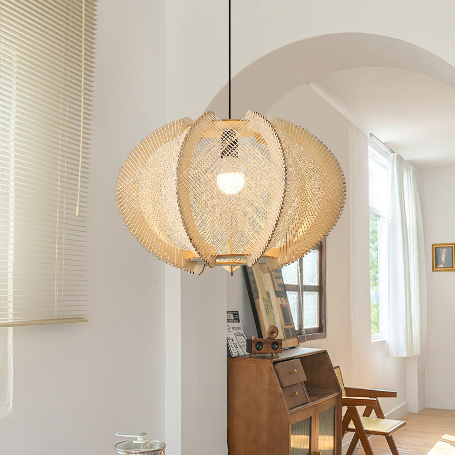 Pendant Light with Fabric Shade, Wooden Frame, and Wire Detail