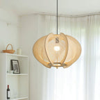 Pendant Light with Fabric Shade, Wooden Frame, and Wire Detail