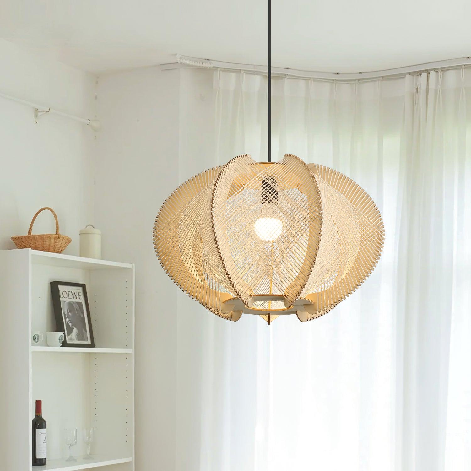 Pendant Light with Fabric Shade, Wooden Frame, and Wire Detail