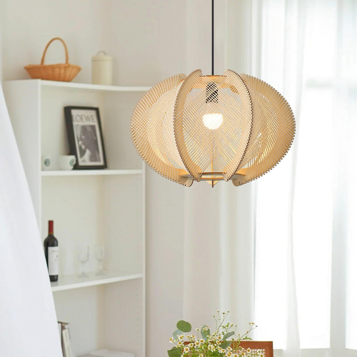 Pendant Light with Fabric Shade, Wooden Frame, and Wire Detail