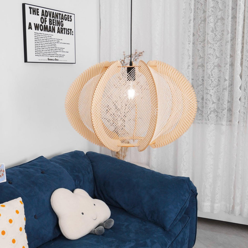 Pendant Light with Fabric Shade, Wooden Frame, and Wire Detail