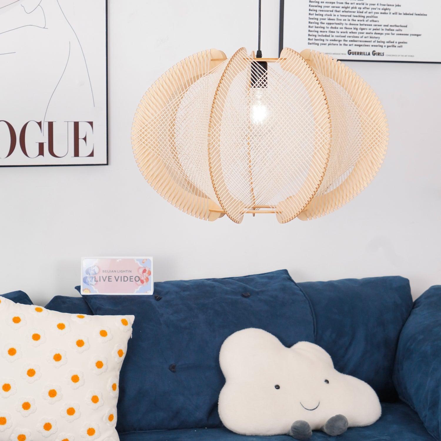 Pendant Light with Fabric Shade, Wooden Frame, and Wire Detail
