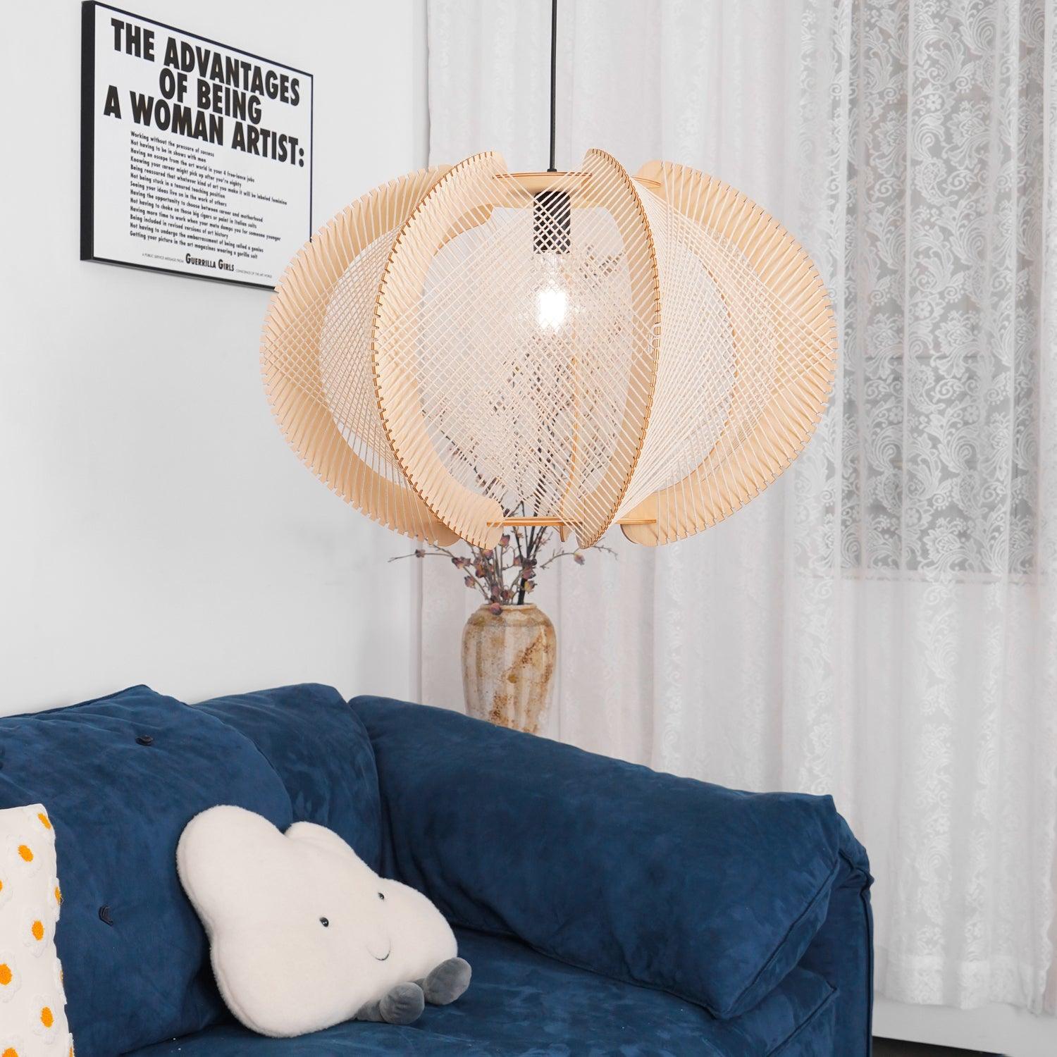 Pendant Light with Fabric Shade, Wooden Frame, and Wire Detail